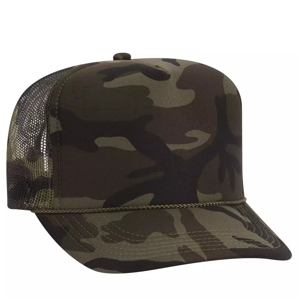 Camouflage polyester foam front five panel high crown golf style mesh back cap (plain front)